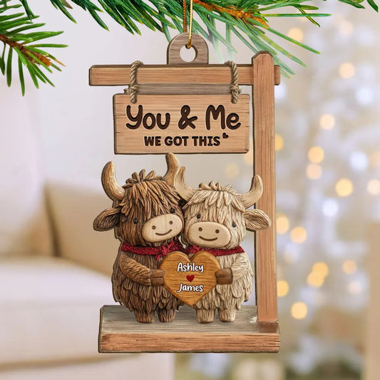 Wooden Ornament with Sweet You & Me Message, Cute Cow Couple Holding Heart, Personalized Holiday Decor Gift