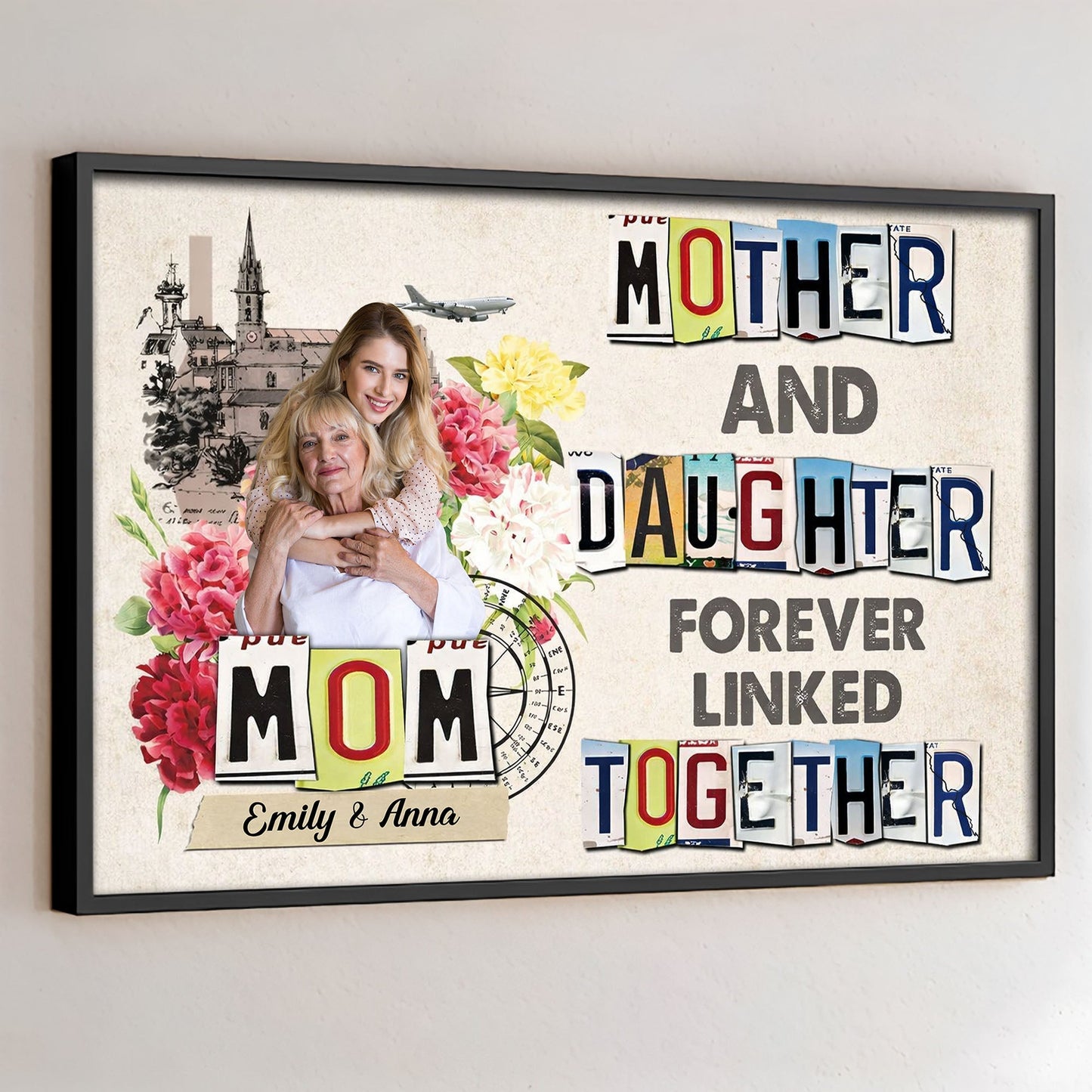 Personalized Mother and Daughter Poster with Your Photo, Floral Collage Wall Art, Unique Gift for Mom