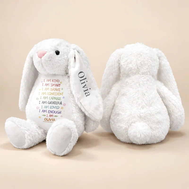 Personalized Plush Bunny with Affirmation Quote, Soft Nursery Comfort Gift for Kids and Baby Showers
