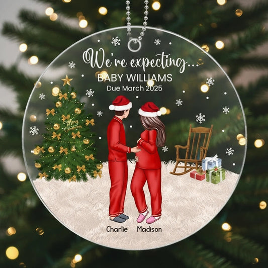 Acrylic Ornament, Expecting Couple by Christmas Tree, Cute Illustration, Unique Gift for Mom-to-Be & New Parents