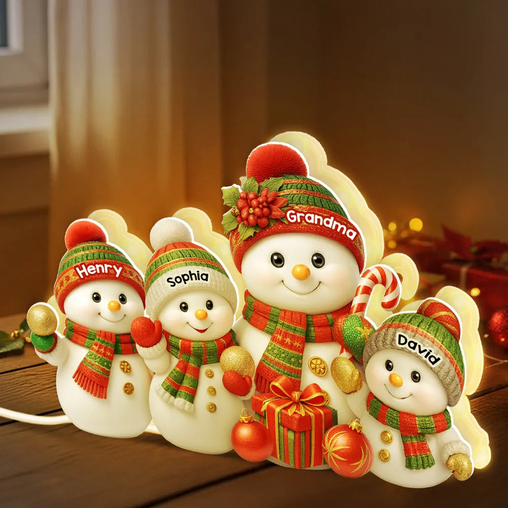 Personalized Acrylic Light Box with Grandma Snowman & Grandkids, Soft Warm Glow Christmas Décor, Unique Gift for Grandma