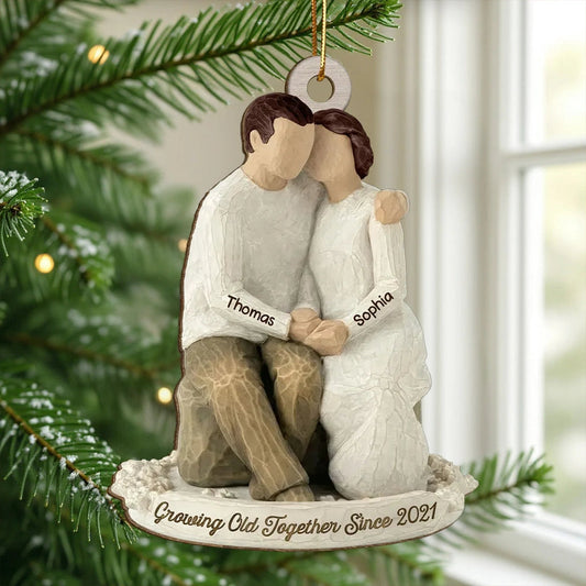 Custom Romantic Wooden Ornament with Cuddling Couple, Cozy Holiday Tree Decoration, Meaningful Unique Gift for Him & Her