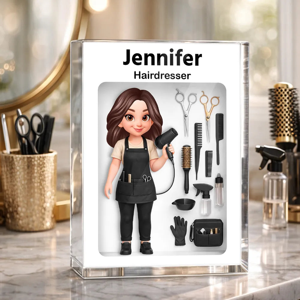 Personalized Rectangle Acrylic Block Plaque Hairdresser Salon Tool Illustration Desk Decor - Unique Gift for a Stylist