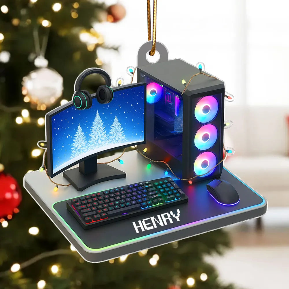 Custom Name Gaming Setup Acrylic Ornament with RGB PC & Keyboard, Cozy Holiday Decor, Creative Gift for Teen Gamer
