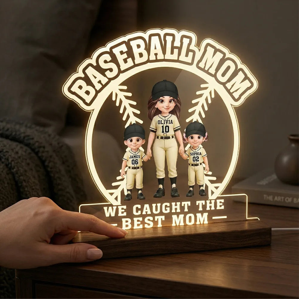Block LED Light Plaque with Warm Glow, Custom Mom and Kids Baseball Scene, Sweet Bedside Gift for Mom