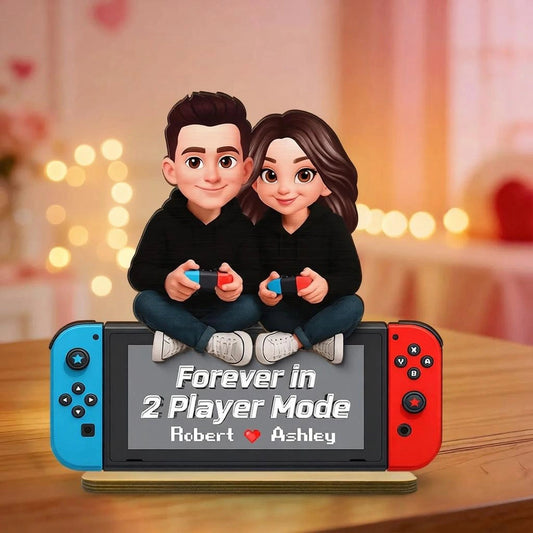 2-Layer Wooden Plaque Personalized Gaming Couple Sitting with Controllers - Forever in 2 Player Mode Romantic Gift for Gamers
