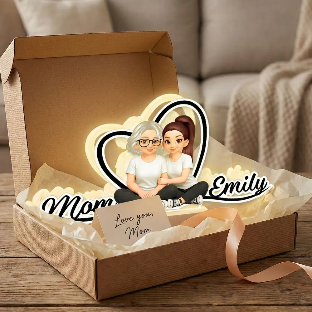 Mom and Daughter Forever Love Acrylic Light Box, Heart Backdrop Hugging Duo, Cozy Bedside Glow, Unique Gift for Mom