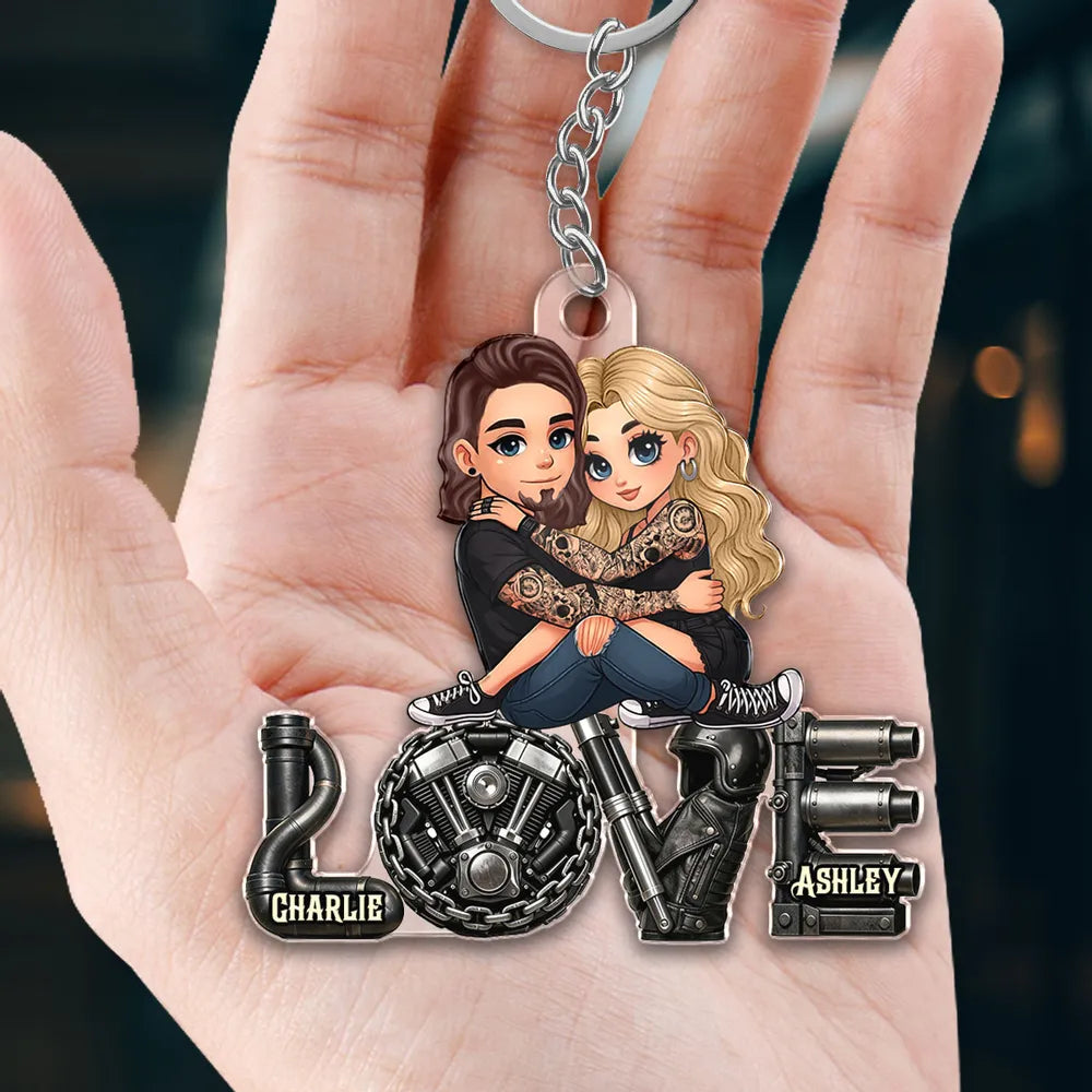 Personalized Biker Couple Acrylic Keychain Cute Cartoon Hugging Riders Cool Accessory Unique Gift for Him or Her