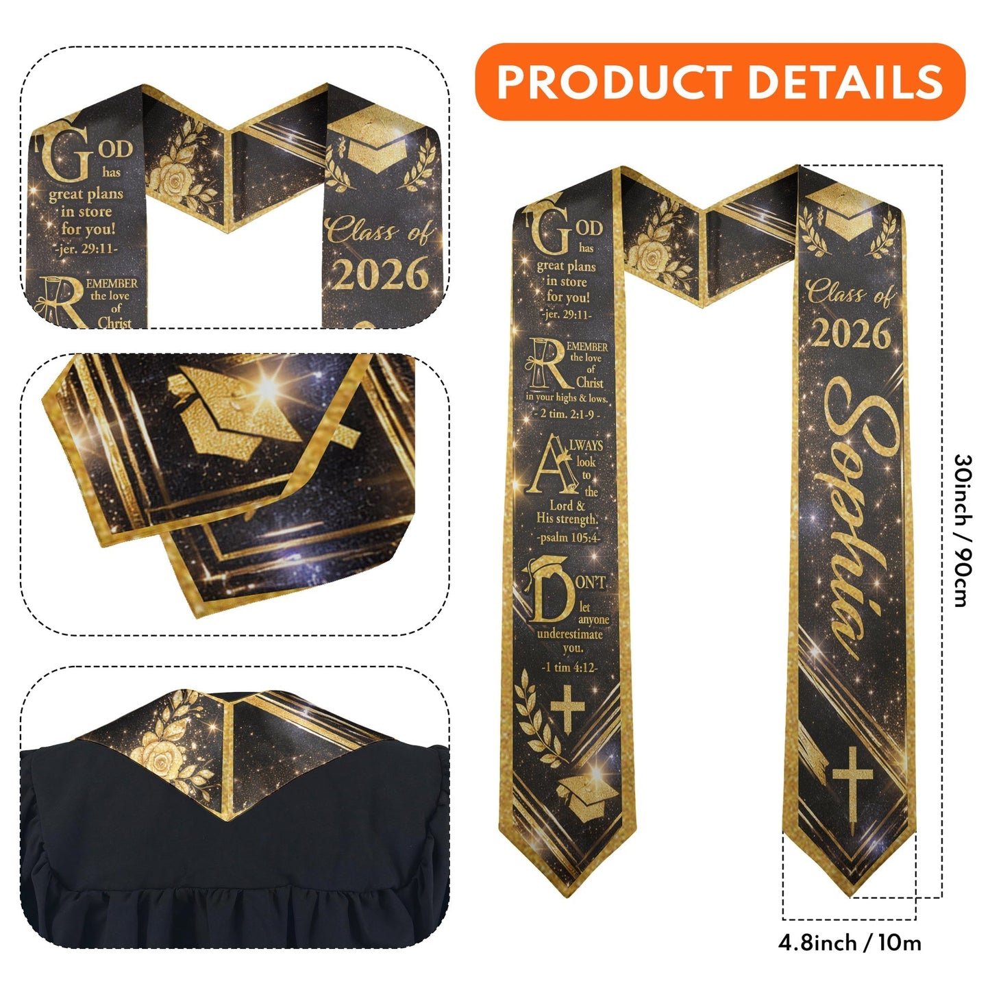 Personalized Graduation Polyester Satin Stole with Faith Quote, Navy Gold Starry Design, Unique Gift for a Graduate