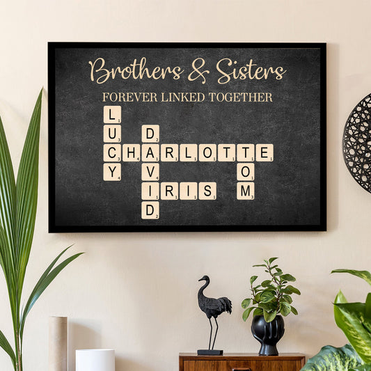 Brothers & Sisters Forever Linked Together Crossword Puzzle Art Personalized Poster or Plaque or Keychain or Orament or Cup, Gift For Siblings, Family, Brother