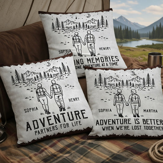 Square Pillow Personalized for Your Adventure Partners for Life, Hand in Hand Camping Scene, Sweet Gift for Couples