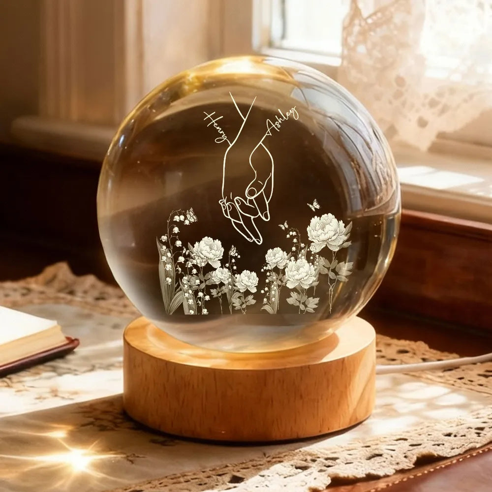 Personalized Globe Lamp with Couple Holding Hands Line Art, Cozy Nightstand Decor, Unique Gift for Him or Her