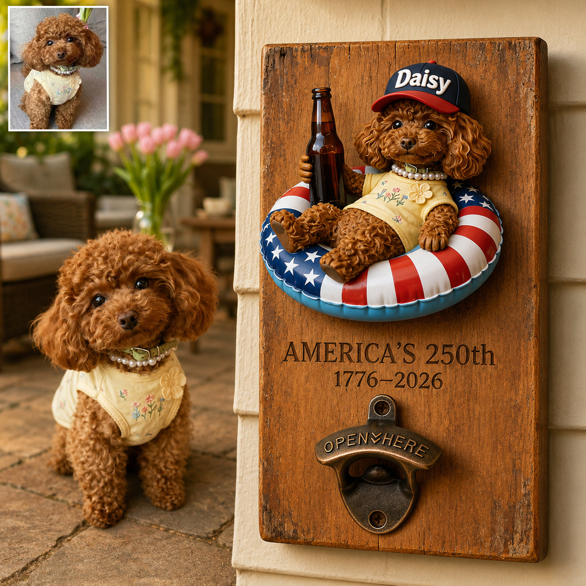 Dog With American Flag - Personalized Dog Wall Bottle Opener
