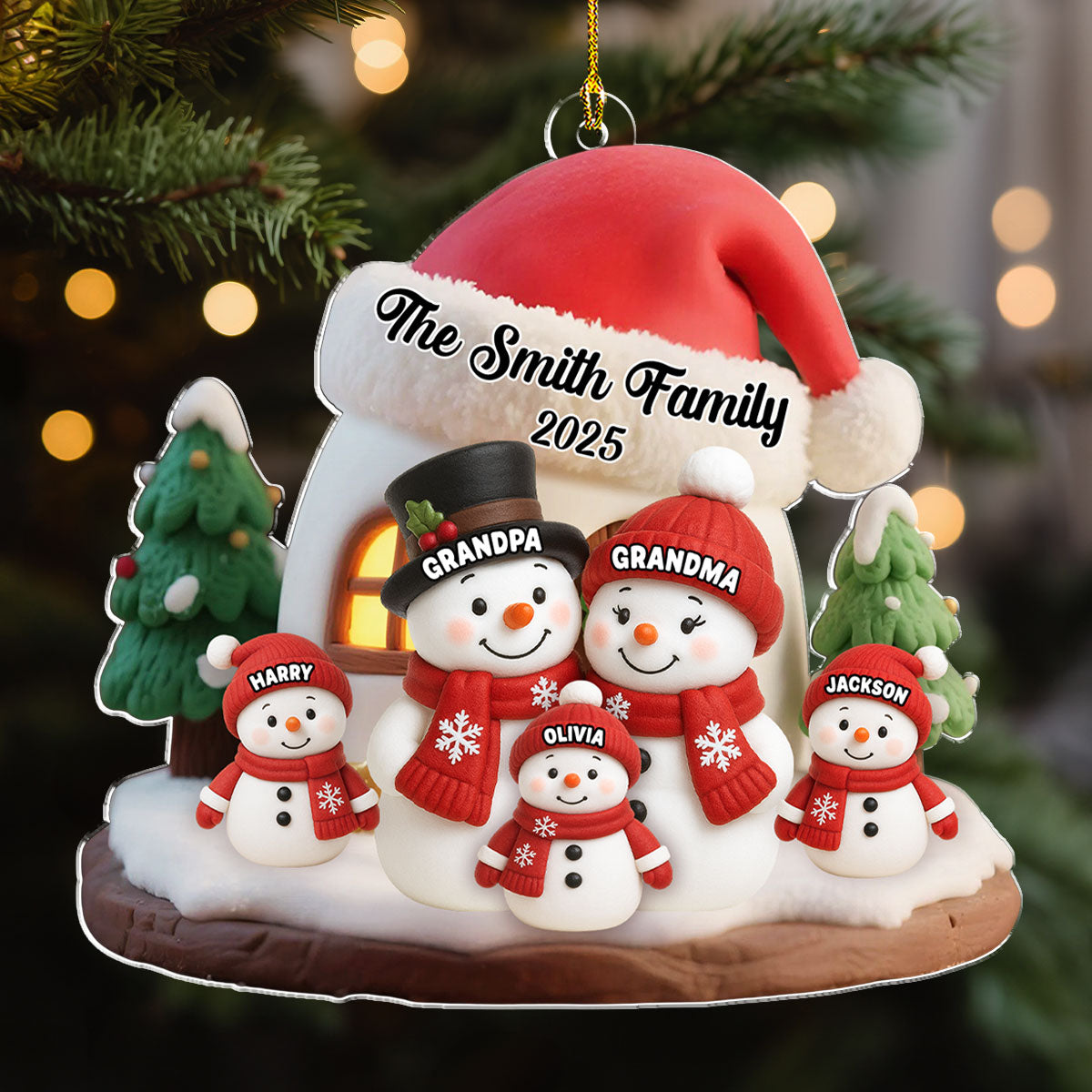 Snowman Family Ornament - Personalized Acrylic, Cozy Winter Scene, Unique Christmas Gift for Grandparents or Parents