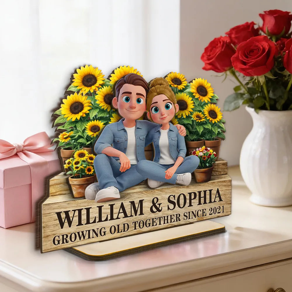 Growing Old Together Since 2-Layer Wooden Plaque with Cozy Couple and Sunflowers Unique Anniversary Gift for Him or Her