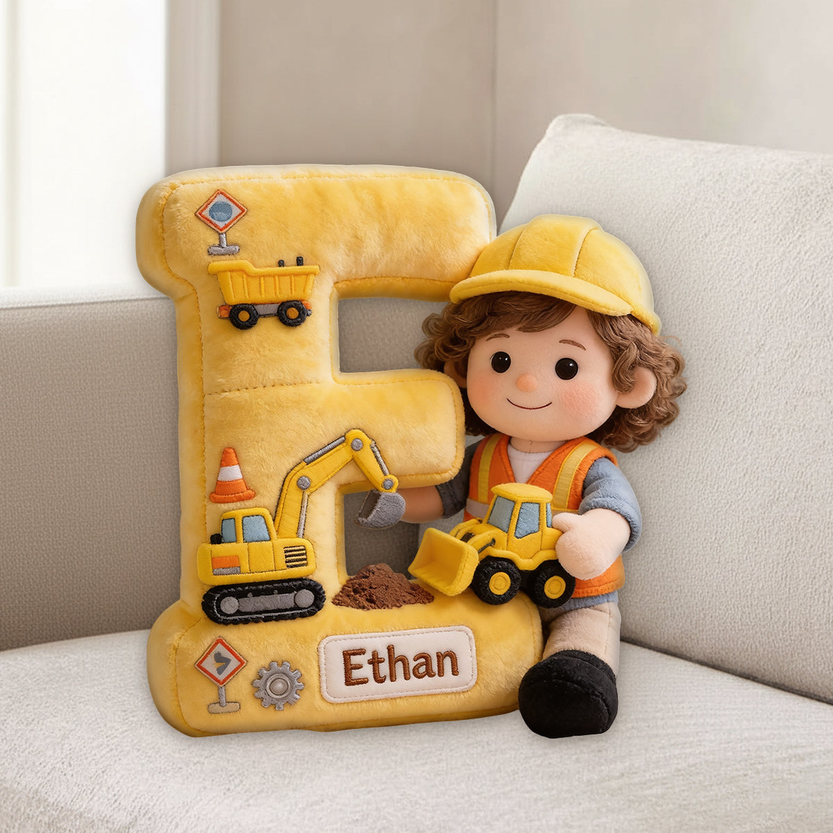 Construction Alphabet Letter & Custom Photo - Personalized Kid Premium Faux Fur Pillow