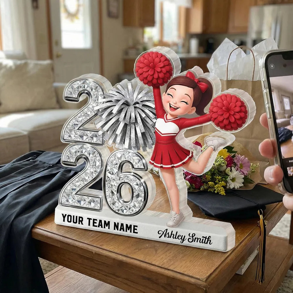 Shaped Acrylic Block Plaque With Cheerleader and Pom Poms Desk Decor, A Sweet Personalized Keepsake Gift