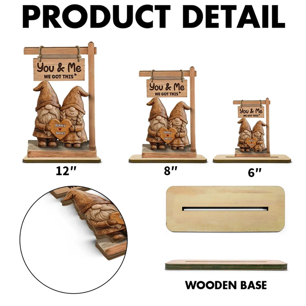 2-Layer Wooden Plaque Personalized Couple Keepsake, Cute Gnome Pair With You & Me We Got This, Sweet Gift