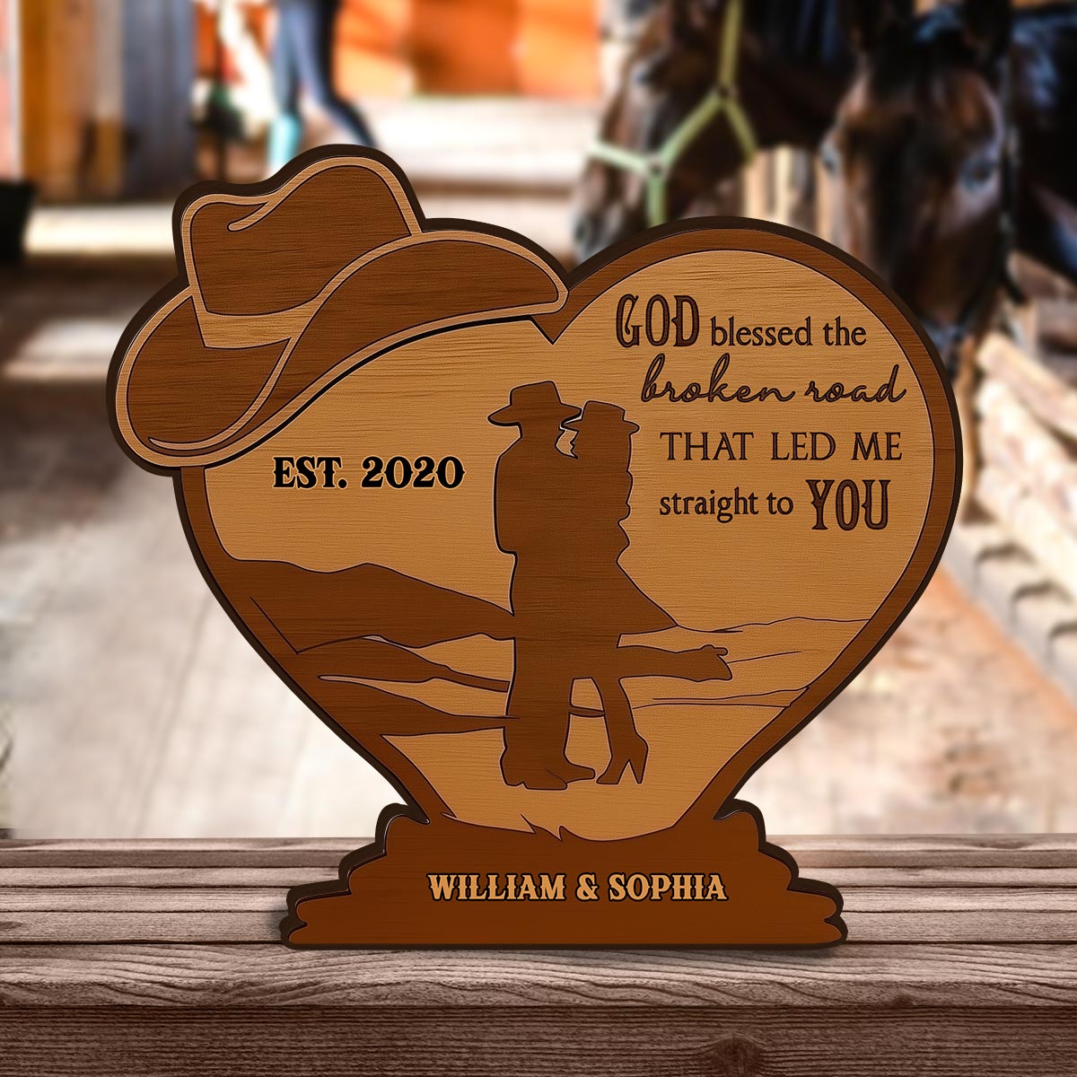 Cowboy Couple God Blessed The Broken Road - Personalized Couple Custom Shaped Wood Plaque