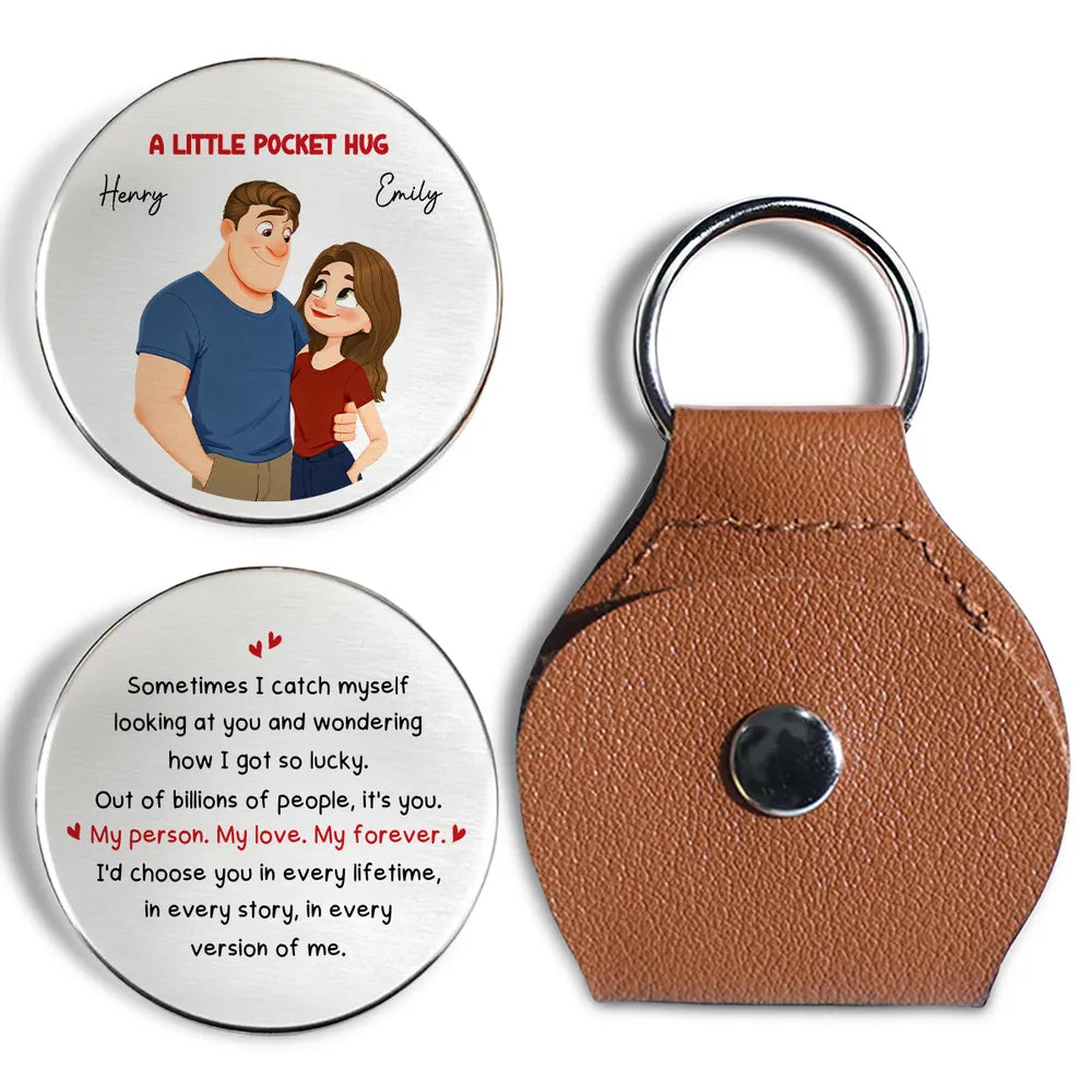 Personalized Pocket Hug Token for Couples, Cute Cartoon Hugging Couple Love Quote, Unique Romantic Gift Keepsake