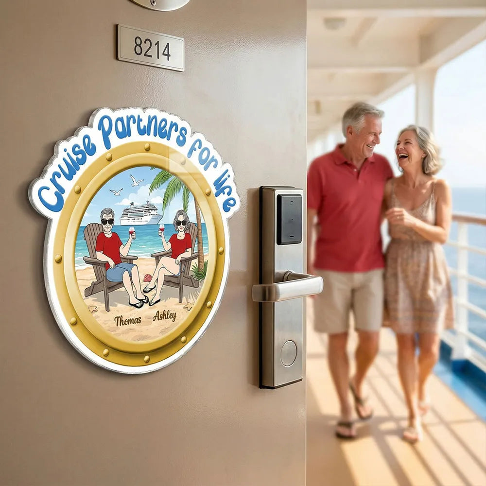 Personalized Cruise Partners For Life Acrylic Magnet, Beach Couple Toasting Porthole Design, Unique Gift for Couples