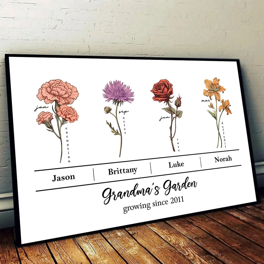 Personalized Grandma's Garden Poster – Floral Design with Family Names and Birth Flowers