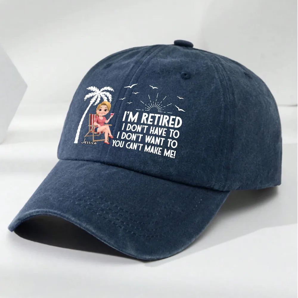 Personalized Washed Denim Baseball Cap with I'm Retired Quote, Funny Everyday Outdoor Wear, Unique Gift for Retiree