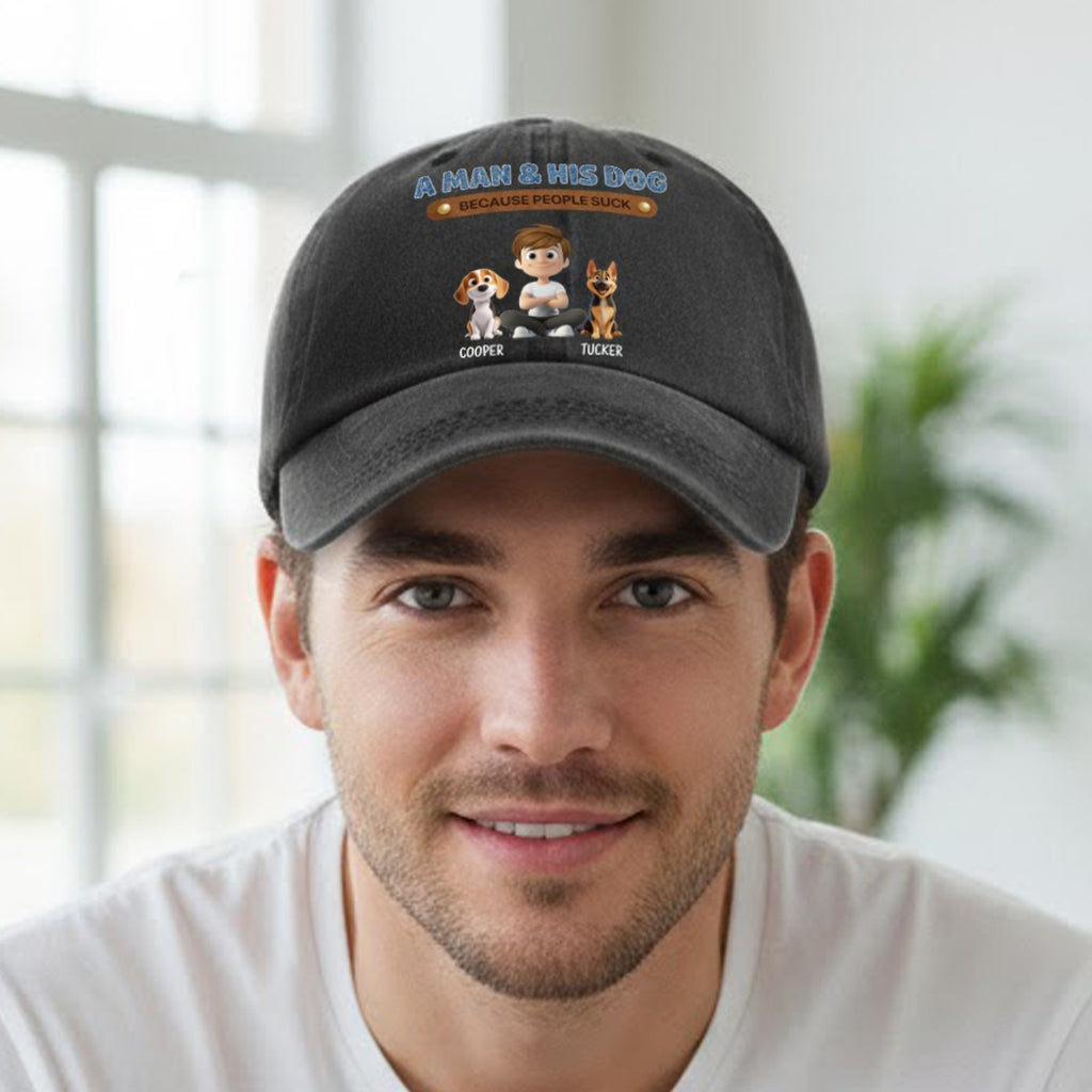 Personalized Washed Denim Baseball Cap for Dog & Cat Dads, Funny Cartoon Design, Casual Outdoor Wear, Unique Gift for Pet Lovers