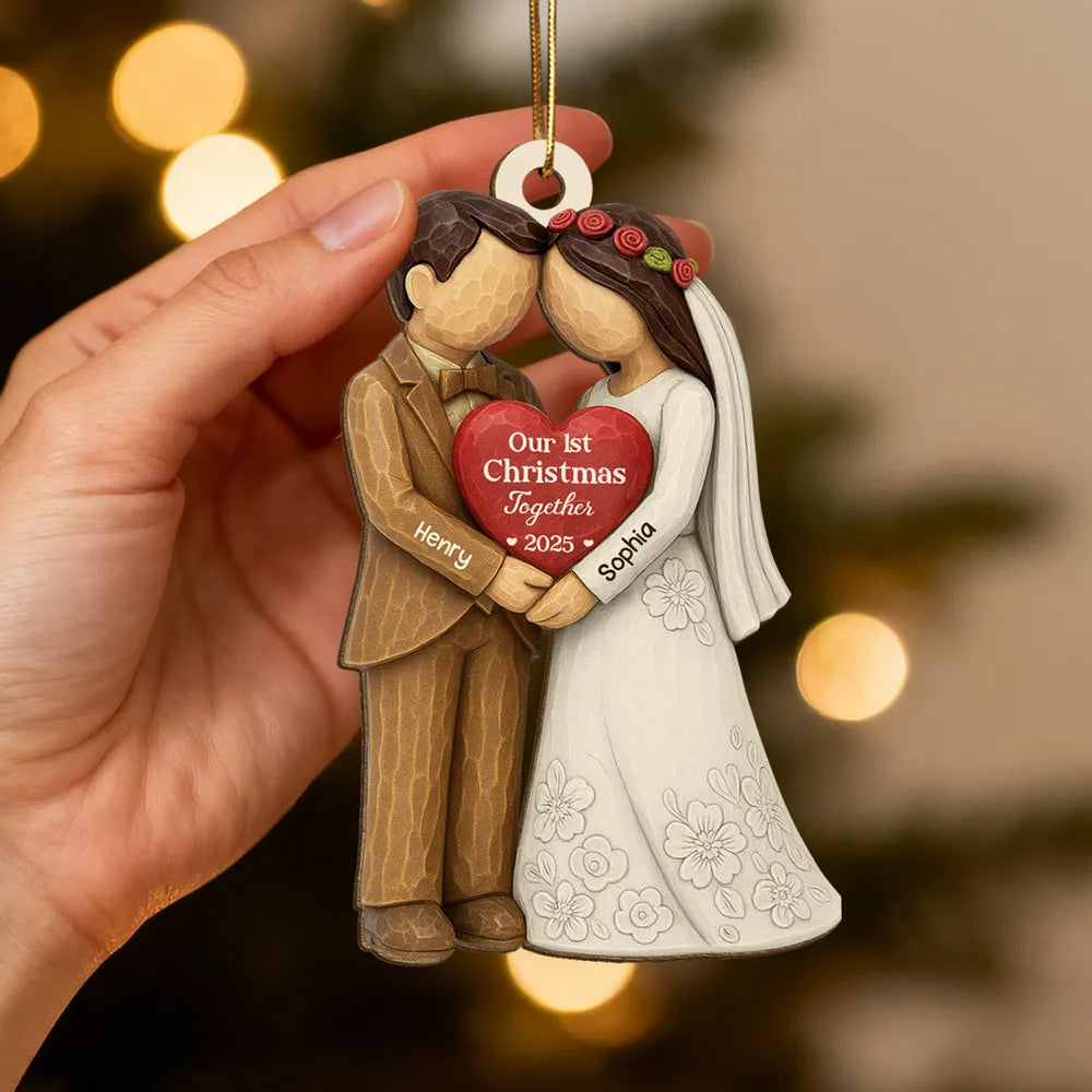 Wooden Ornament Personalized for Newlyweds, Handholding Bride and Groom Christmas Decor, Unique Gift for Couple