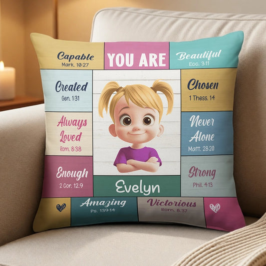 Square Pillow with 'You Are' Bible Verse Affirmations, Bright Pastel Nursery Accent, Thoughtful Personalized Gift for Kids