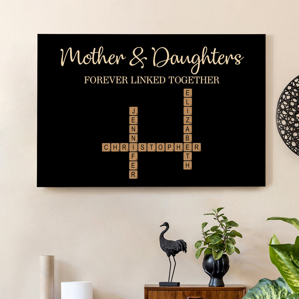 Mother & Dad & Sons & Daughter Forever Linked – Personalized Scrabble Art with Custom Names and Heartfelt Design