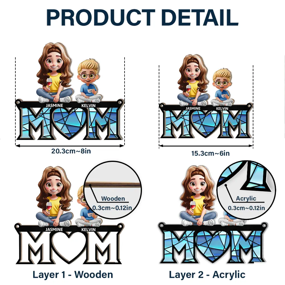 Personalized MOM Ornament with Family Figures – Custom Wood and Acrylic Layered Keepsake Gift