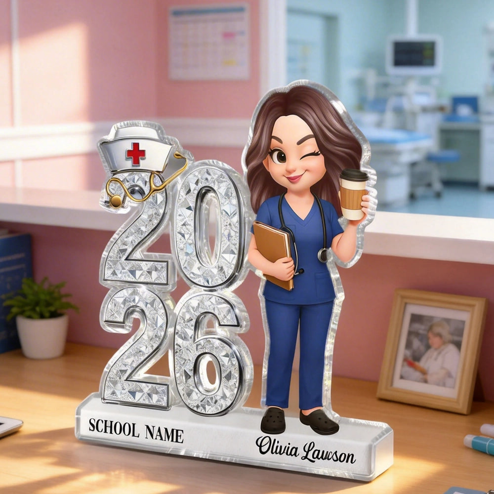 Personalized Shaped Acrylic Block Plaque for Nursing Graduation Class Gift, Cute Nurse Holding Coffee Keepsake