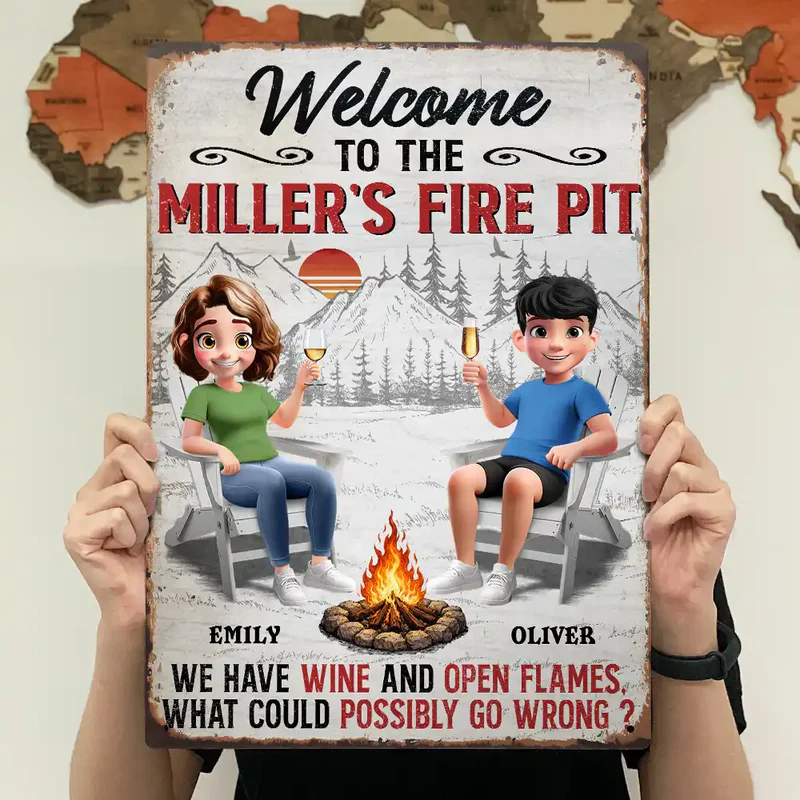Personalized Rectangular Iron Sign Welcome To Our Fire Pit - Funny Custom Couple Outdoor Decor, Unique Gift