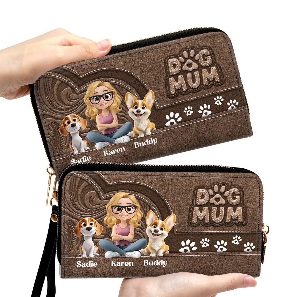 Custom Leather Long Wallet for Dog Moms – Adorable Pet Illustration with Name Personalization