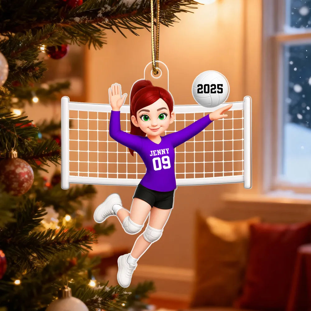 Custom Volleyball Girl Acrylic Ornament with name & number design, sports-themed holiday decoration and perfect gift for athletes