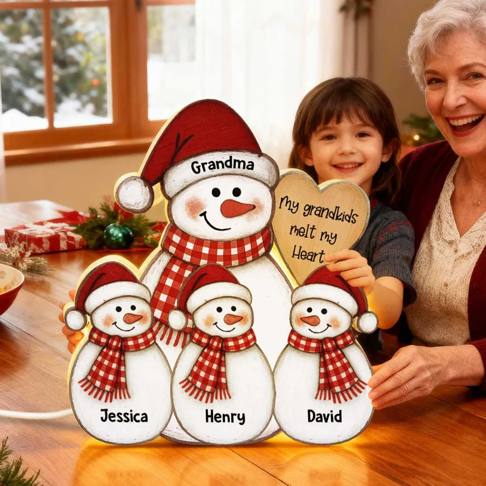 Acrylic Light Box Snowman Grandma & Grandkids, Christmas folk art, warm glow, unique gift for Grandma