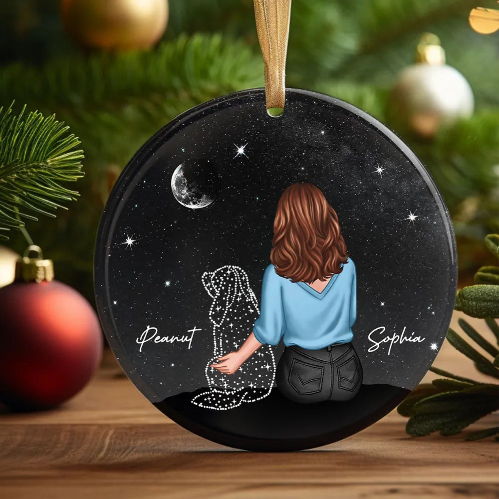 Personalized Ornament, Plaque, Keychain, Pillow, Sign, Lamp - Custom Memorial Gift for Pet Lovers - Starry Night with Dog and Owner