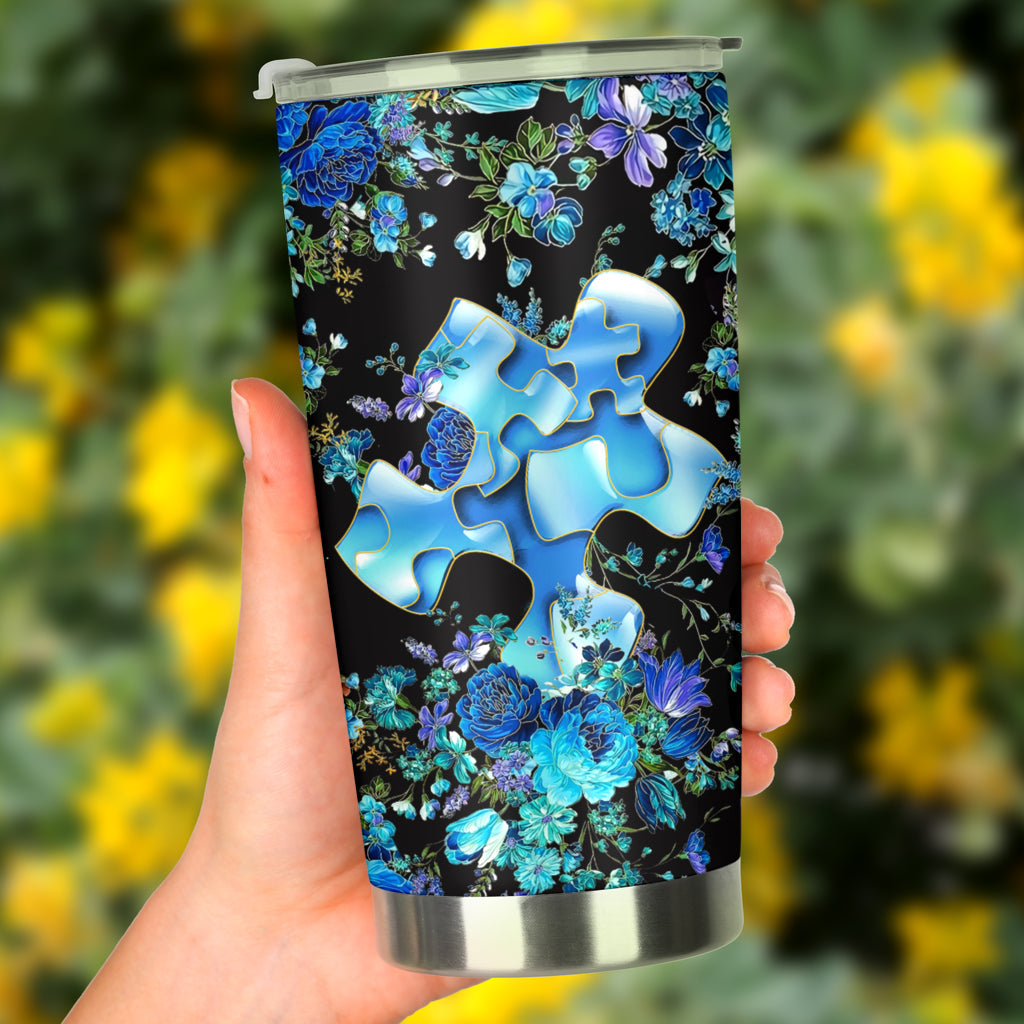 Blue Floral Puzzle Autism Awareness Tumbler 0622