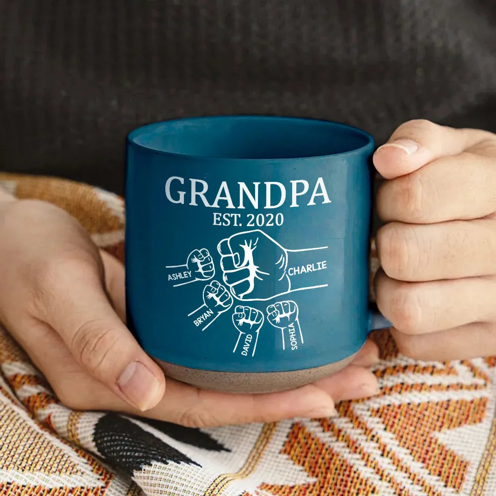 Personalized Pottery Mug with Grandpa Fist Bump Design, Cozy Coffee Moment, Unique Gift for Grandpa