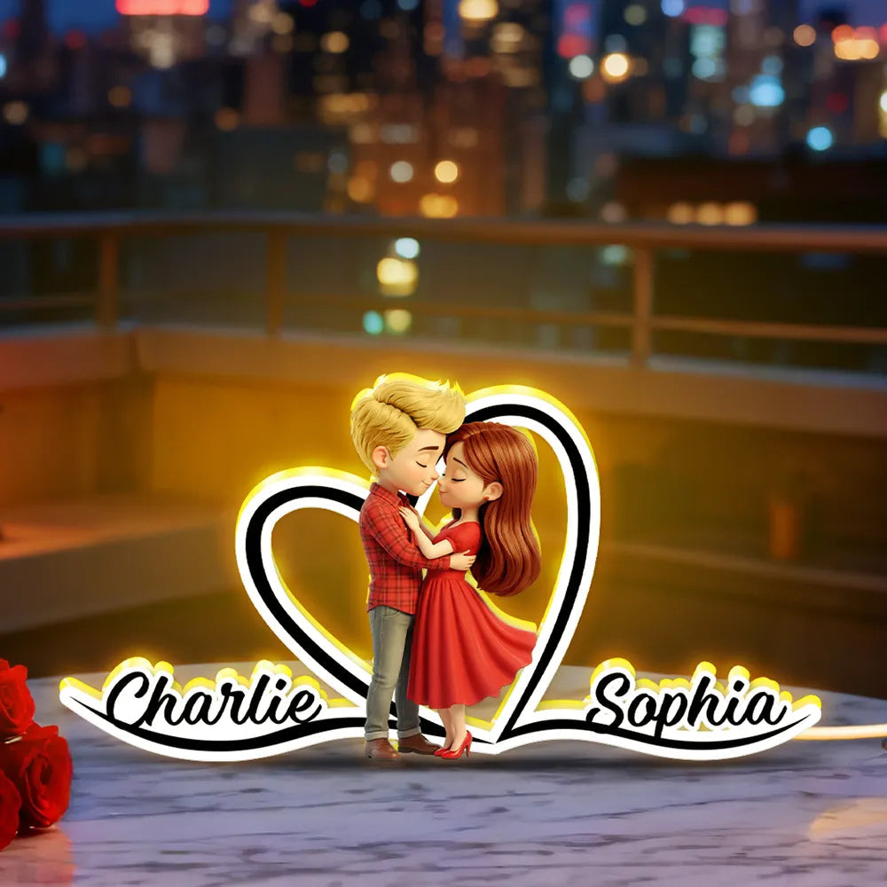 Personalized Acrylic Light Box with Kissing Couple and Heart Outline, Warm Glow Bedroom Decor, Unique Gift for Him or Her