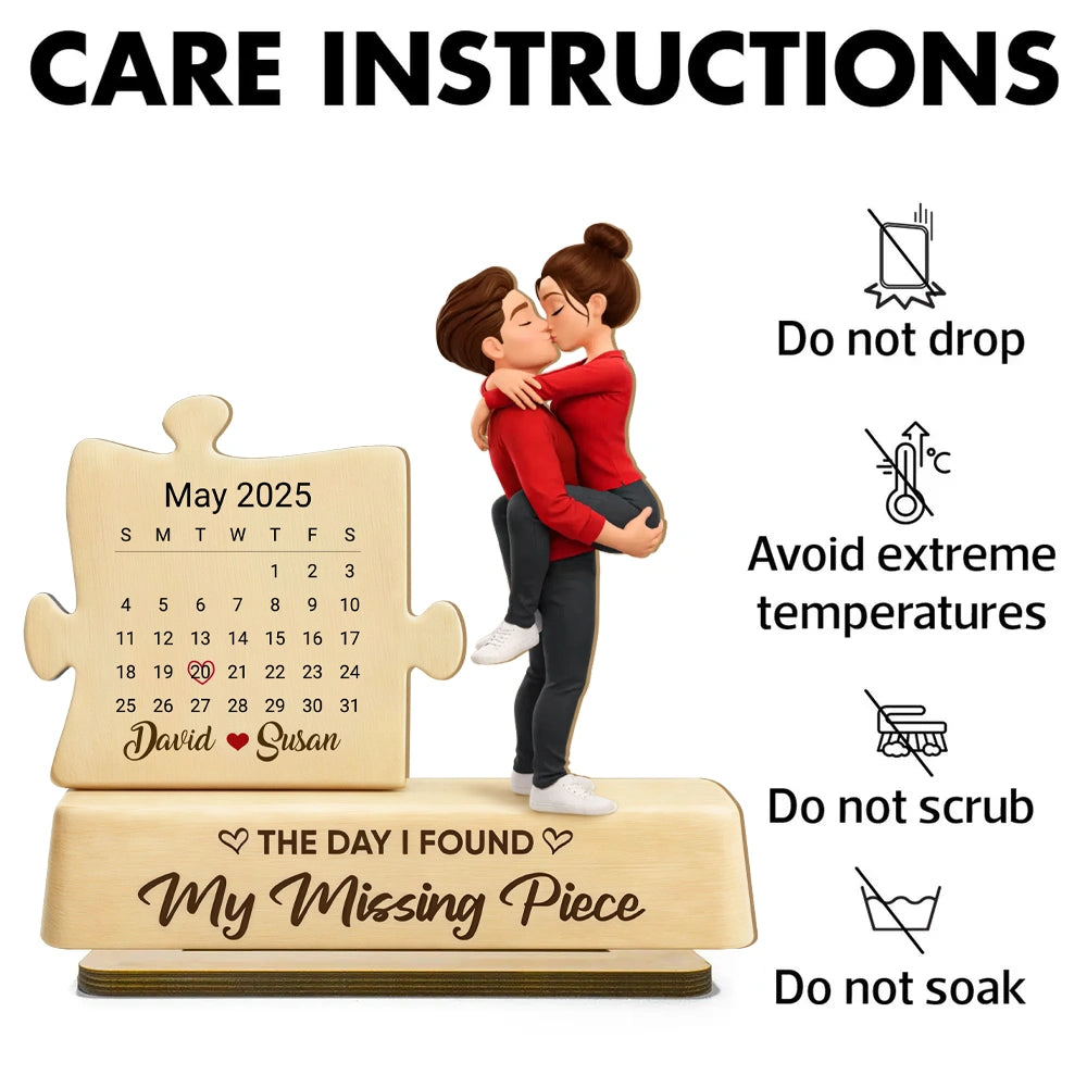 Personalized 2-Layer Wooden Plaque Couple Kissing with Calendar Puzzle - Unique Anniversary Gift for Him or Her