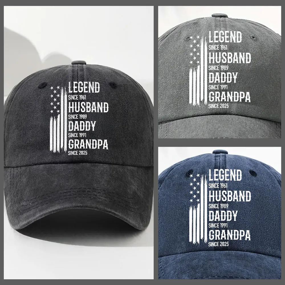 Washed Denim Baseball Cap, Personalized Legend Husband Dad Grandpa Design, Everyday Vintage Look, Creative Gift