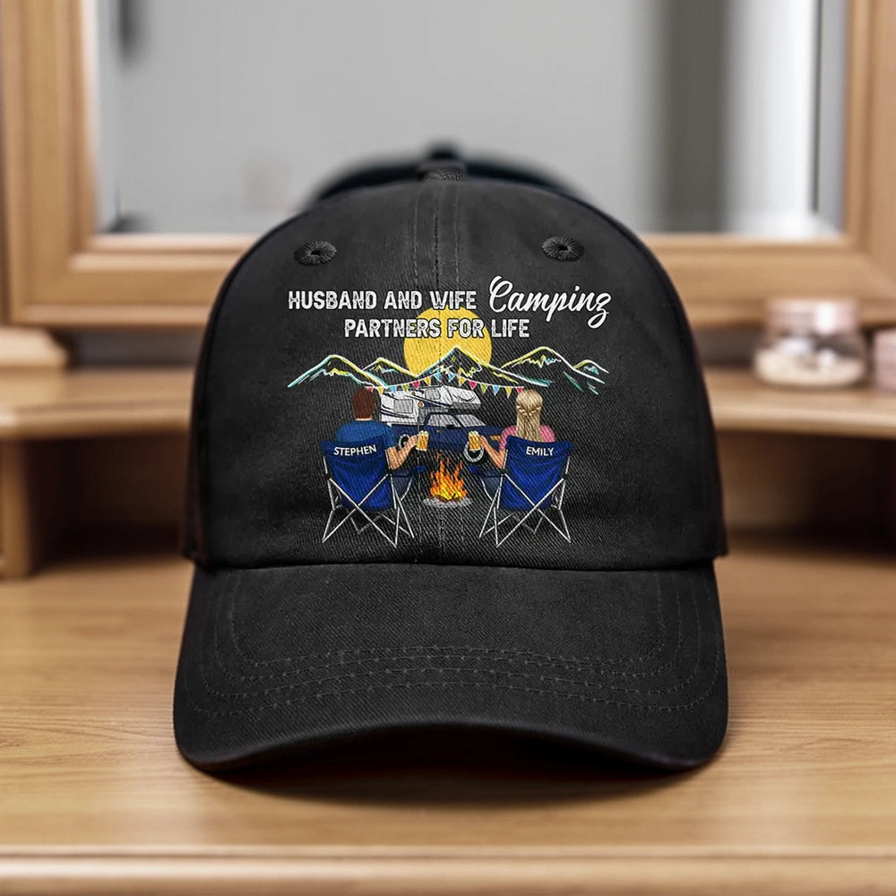 Personalized Washed Denim Baseball Cap Camping Partners For Life Outdoor Wear Vintage Look Unique Gift for Couple