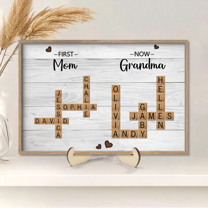 First Mom Now Grandma Crossword Puzzle Art Personalized 2-Layer Wooden Ornament, Christmas Gift For Grandma, Gift For Mom