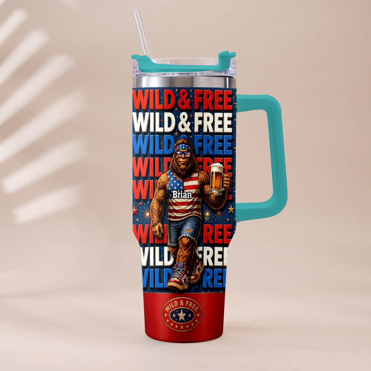 4th of July, Bigfoot Independence Day - Personalized Bigfoot Tumbler With Handle