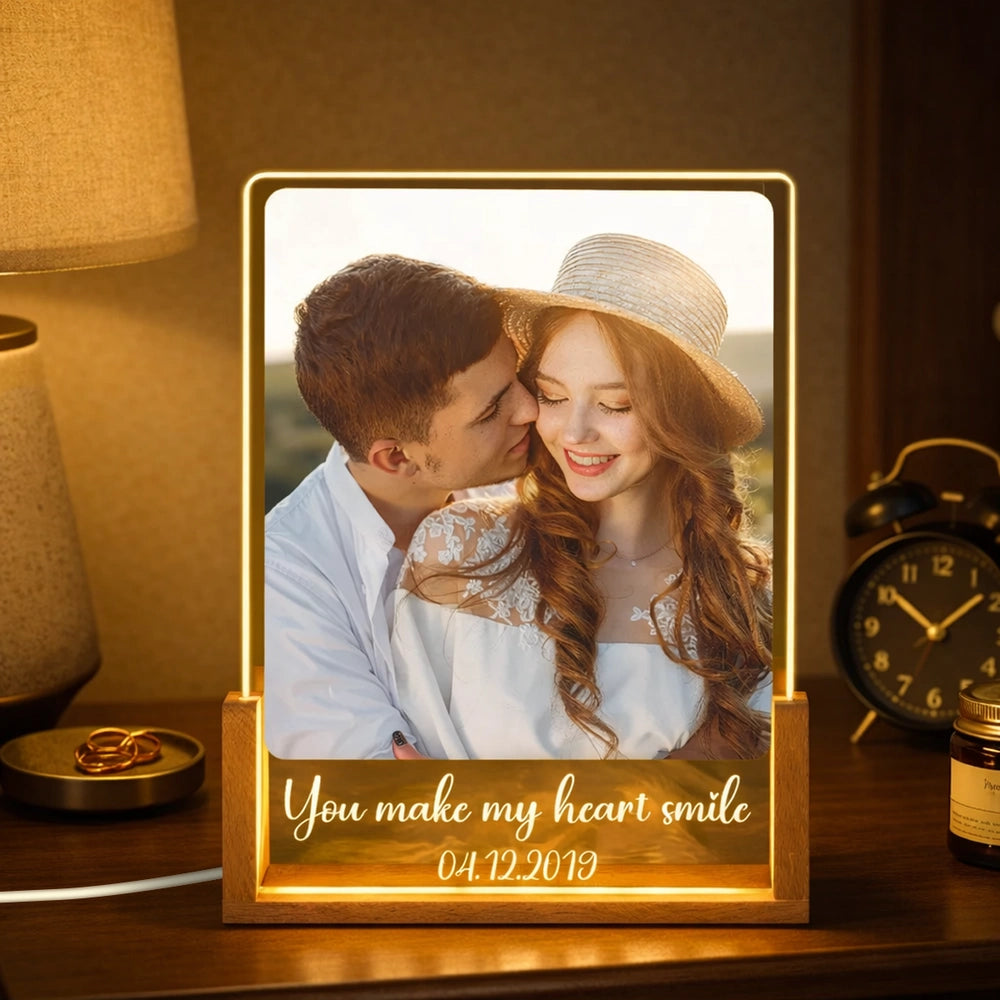 You Make My Heart Smile Personalized LED Light Frame - Romantic Photo Keepsake With Cozy Ambient Light, Creative Gift