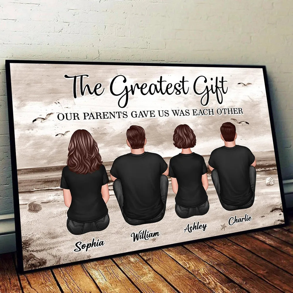 Personalized Siblings Beach Poster, Custom Back-View Illustration Wall Art, Nostalgic Unique Gift for Sister or Brother