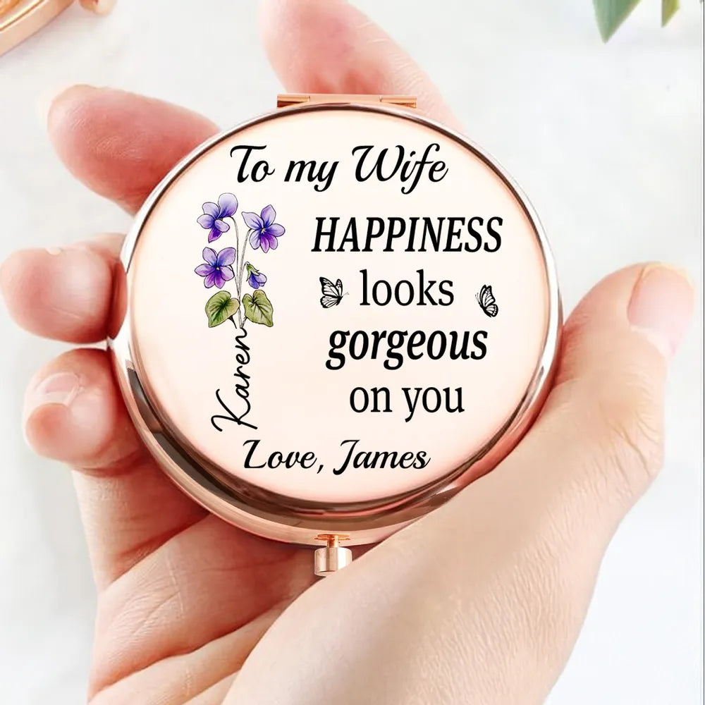 Metal Compact Mirror for Wife, Rose Floral Love Message, Purse Travel Touch-Up, Romantic Unique Gift