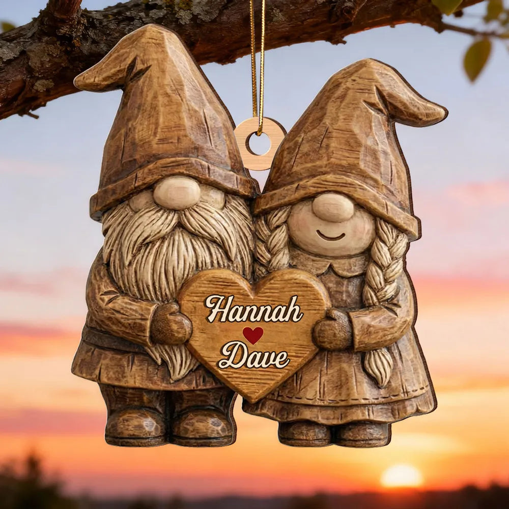 Personalized Wooden Ornament, Cute Gnome Couple Holding Heart, Unique Romantic Gift for Couples, Cozy Holiday Keepsake